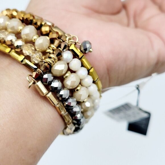 INC 5 Strand Open Memory Wire Bracelet Faceted Crystals Gold & Neutral Tones NWT - Picture 10 of 10